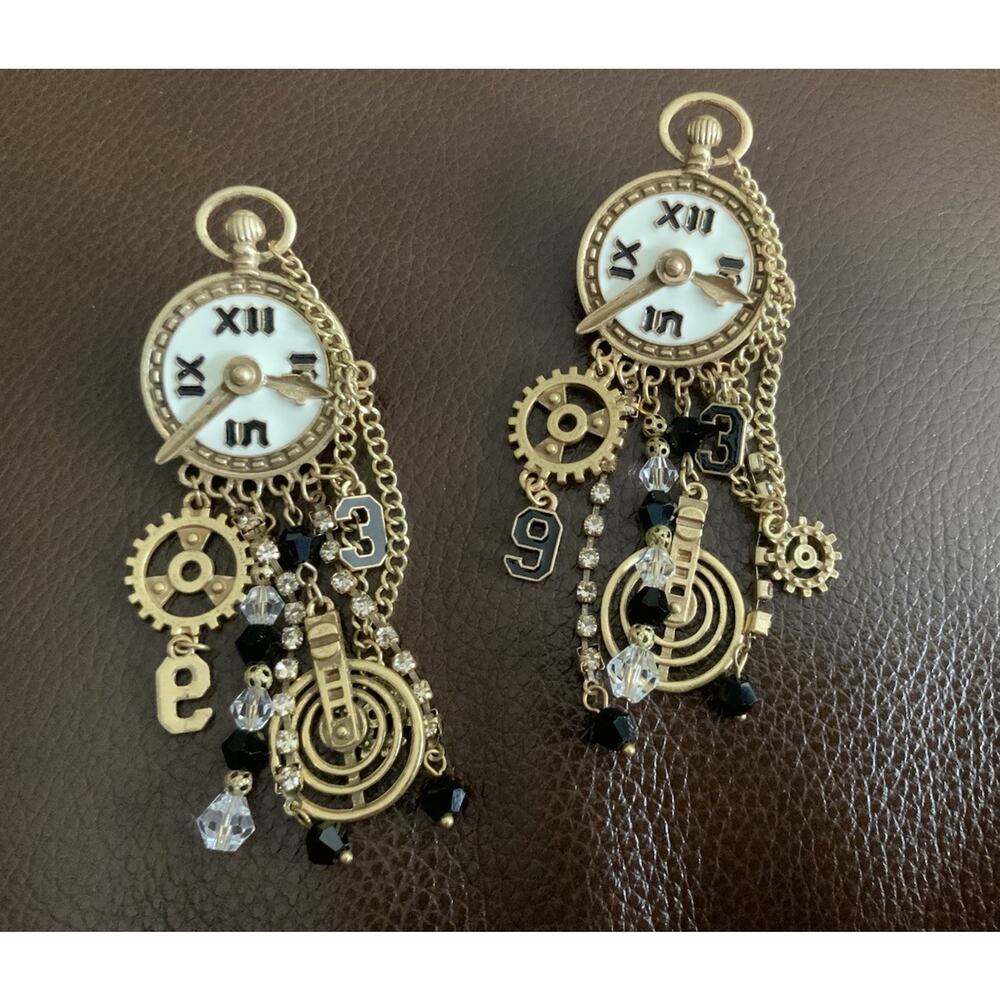 Museum Retro Clock Earrings Gold Chain CZ Steampunk Statement Art Boho Gear VTG - Picture 5 of 9
